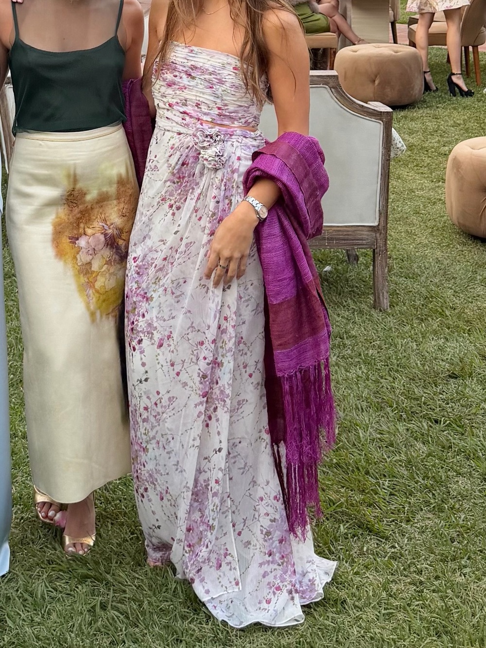 cinq a sept White Maxi Dress with Pink Floral Print and Purple Shawl
